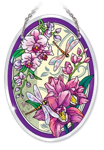 Product Cover Amia 41015 Hand Painted Beveled Glass 5-1/2 by 7-Inch Oval Sun Catcher, Orchid Collage with Dragonfly, Medium