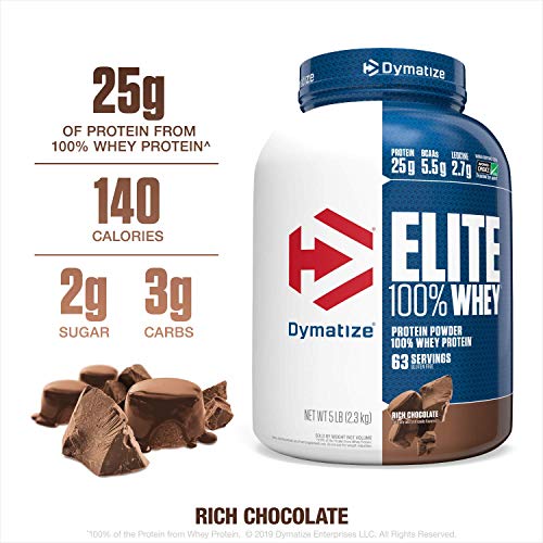 Product Cover Dymatize Elite 100% Whey Protein Powder, Take Pre Workout or Post Workout, Quick Absorbing & Fast Digesting, Rich Chocolate, 5 Pound