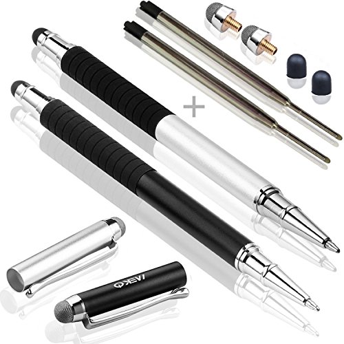 Product Cover MEKO(TM) [New Version] Metal Barrel With Rubber Grip 5.7inch(L) Stylus Pen - [3 in 1 Basic Series] -Rubber Tip and Micro Fiber Tip Styli Stylus W/ Ballpoint Pen (2Pcs) Bundle With 2 Replacement Fiber Tips ,2 Refill Ink -(Silver/Black)