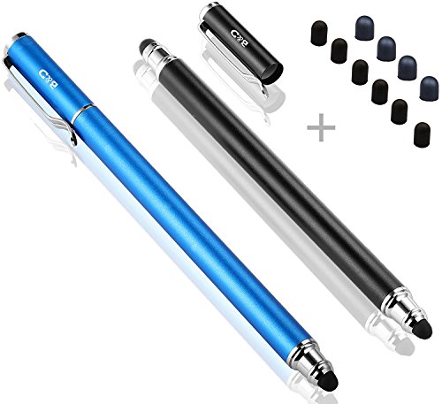 Product Cover Bargains Depot (2 Pcs) [New Upgraded][0.18-inch Small Tip Series] 2-in-1 Stylus/Styli 5.5-inch L with 10 Replacement Rubber Tips -Black/Blue