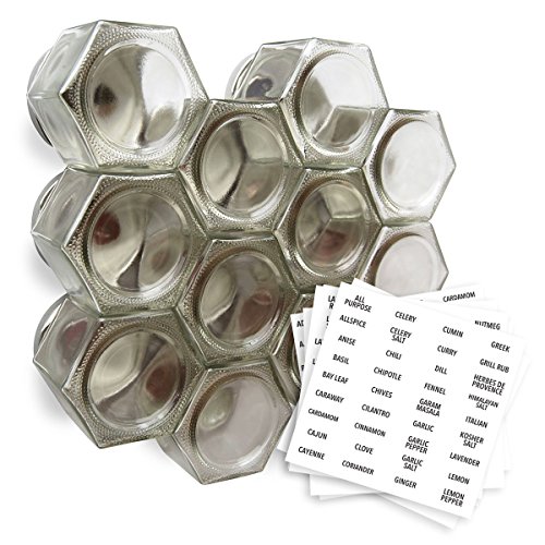 Product Cover Gneiss Spice Large Empty Magnetic Spice Jars | Create a DIY Hanging Spice Rack on Your Fridge | Includes Hexagon Glass Jars, Magnetic Lids + Spice Labels (12 Large Jars, Silver Lids)