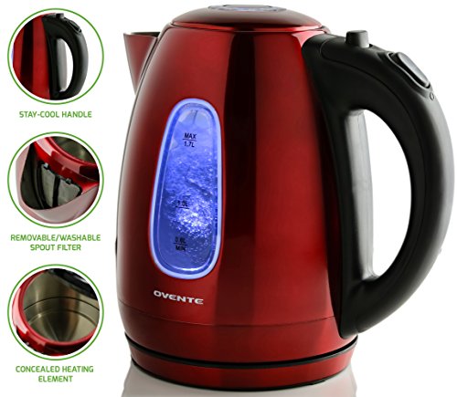 Product Cover Ovente 1.7 Liter BPA-Free Stainless Steel Cordless Electric Kettle, 1100-Watts, Auto Shut-Off and Boil-Dry Protection, Matte Black Cool-Touch Handle, Red (KS96R)