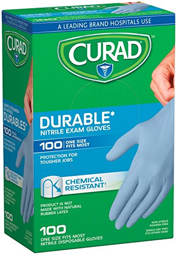 Product Cover Curad Nitrile Disposable Exam Gloves, Durable and Chemical Resistant, Powder Free, One Size Fits Most (100 Count), Great for First aid, Medical use, Cleaning, pet Care