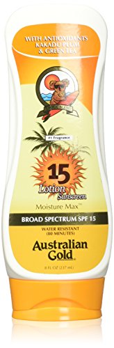 Product Cover Australian Gold Sunscreen Lotion, Moisture Max, Infused with Aloe Vera, Broad Spectrum, Water Resistant, Cruelty Free, Paraben Free, PABA Free, Oil Free, Dye Free, Alcohol Free, SPF 15, 8 Ounce