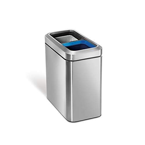 Product Cover simplehuman 20 Liter / 5.3 Gallon Commercial Stainless Steel Slim Open Trash Can Dual Compartment, Brushed Stainless Steel