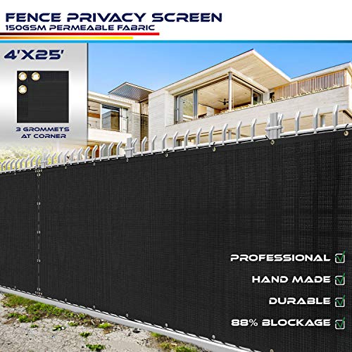 Product Cover 4' x 25' Privacy Fence Screen in Black with Brass Grommet 85% Blockage Windscreen Outdoor Mesh Fencing Cover Netting 150GSM Fabric - Custom