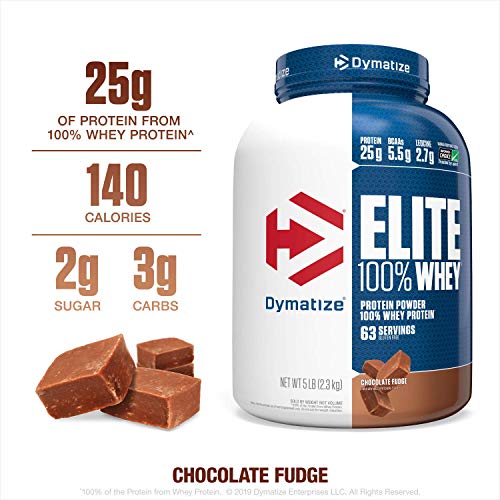 Product Cover Dymatize Elite 100% Whey Protein Powder, 25g Protein, 5.5g BCAAs & 2.7g L-Leucine, Quick Absorbing & Fast Digesting for Optimal Muscle Recovery, Chocolate Fudge, 5 Pound