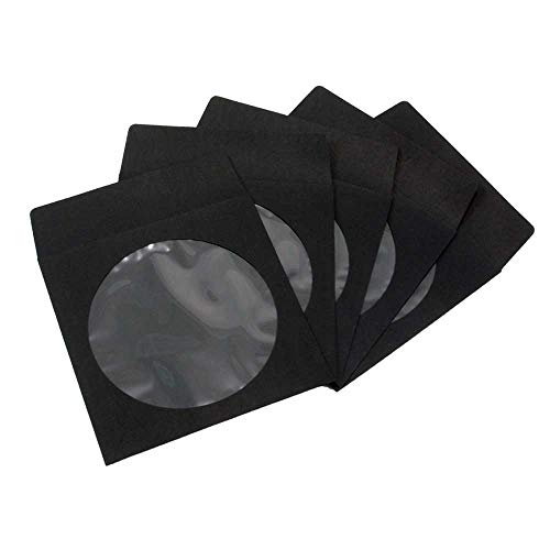 Product Cover 100 Pack Maxtek Premium Thick Black Color Paper CD DVD Sleeves Envelope with Window Cut Out and Flap, 100g Heavy Weight.