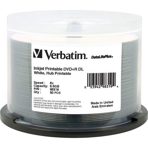 Product Cover Verbatim DVD+R DL 8.5GB 8X DataLifePlus White Hub InkJet Printable 50-Disc Spindle 98319