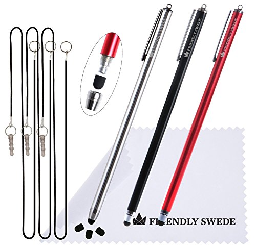 Product Cover Extra Long - Bundle of 3 Thin-Tip High Precision Universal Capacitive Stylus Pens 7.3'' + Extra 3 Replaceable Tips + 2 x 15'' Elastic Tether Lanyards + Cleaning Cloth (Red+ Black + Silver)