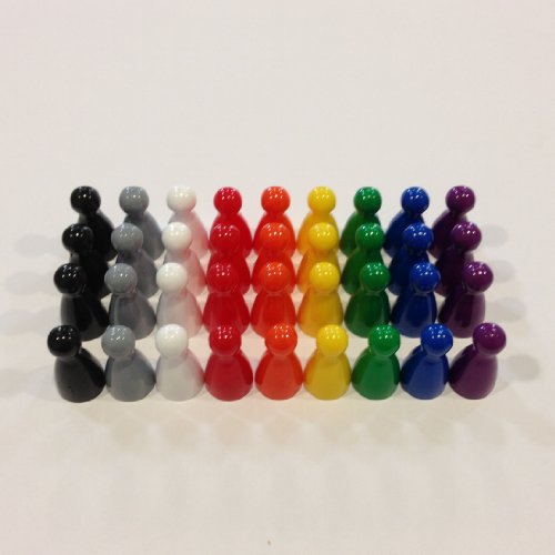 Product Cover Plastic Pawns: Set of 36 Black, Grey, White, Red, Orange, Yellow, Green, Blue, and Purple Color Board Game Playing Pieces (Chess & Sorry Replacement Halma Pawn Markers, Arts & Crafts Projects)