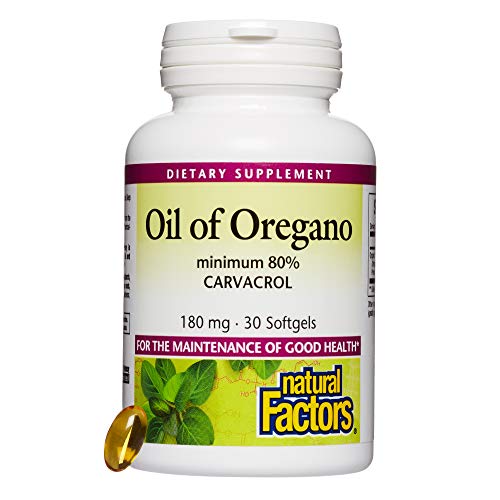 Product Cover Natural Factors, Oil of Oregano 180 mg, Helps Maintain Good Health with Extra Virgin Olive Oil, 30 softgels (30 Servings)