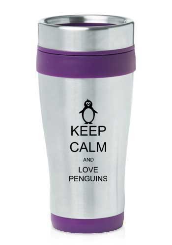 Product Cover Purple 16oz Insulated Stainless Steel Travel Mug Z447 Keep Calm and Love Penguins by MIP