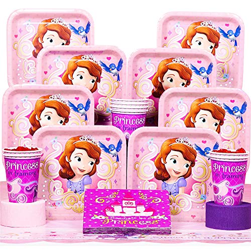 Product Cover Disney Junior Sofia the First Deluxe Party Supplies Pack Including Plates, Cups, Napkins and Tablecover - 16 Guests