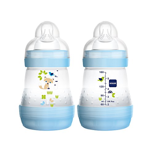 Product Cover MAM Easy Start Anti-Colic Bottle 5 oz (2-Count), Baby Essentials, Slow Flow Bottles with Silicone Nipple, Baby Bottles for Baby Boy, Blue