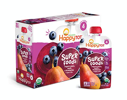 Product Cover Happy Tot Organic Super Foods Pouch Stage 4 Pears Blueberries & Beets + Super Chia, 4.22 Ounce Pouch (Pack of 16) (Packaging May Vary) Mess Free Pouch for Self Feeding Simple Organic Ingredients