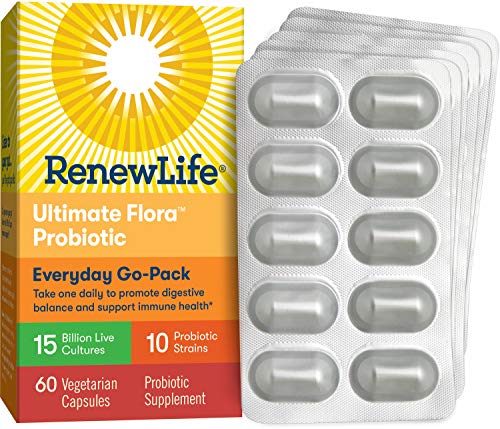Product Cover Renew Life Adult Probiotic - Ultimate Flora Everyday Go-Pack Probiotic Supplement - Shelf Stable, Gluten, Dairy & Soy Free - 15 Billion CFU - 60 Vegetarian Capsules (Packaging May Vary)