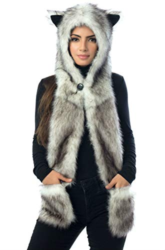 Product Cover White Wolf Hood Faux Fur Hat with scarfs mittens & paws Spirit 3 in 1 by Hatbutik