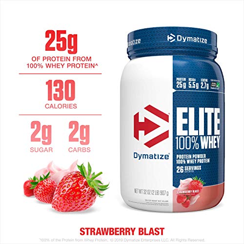 Product Cover Dymatize Elite 100% Whey Protein Powder, 25g Protein, 5.5g BCAAs & 2.7g L-Leucine, Quick Absorbing & Fast Digesting for Optimal Muscle Recovery, Strawberry Blast, 2 Pound