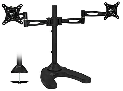 Product Cover Mount-It! Free Standing Dual Monitor Stand | Double Arm Desk Mount Fits Two x 21 24 27 Inch Computer Screens | 2 Heavy Duty Full Motion Adjustable Arms | VESA 75 100 Compatible | Grommet Base Included