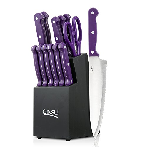 Product Cover Ginsu Essential Series 14-Piece Stainless Steel Serrated Knife Set - Cutlery Set with Purple Kitchen Knives in a Black Block, 03891DS