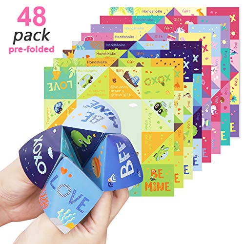Product Cover Unomor 48 Pack Valentines Day Cootie Catcher Cards Game with 8 Designs Pre-folded Cards for Kids School Games Classroom Exchange Valentines Day Gift Party Favors, Envelopes Included