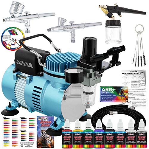 Product Cover Master Airbrush Cool Runner II Dual Fan Air Compressor Professional Airbrushing System Kit with 3 Airbrushes, Gravity and Siphon Feed - 6 Primary Opaque Colors Acrylic Paint Artist Set - How to Guide