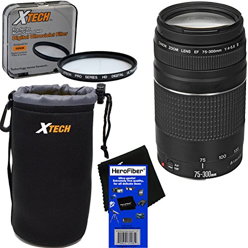 Product Cover Canon EF 75-300mm f/4-5.6 III Telephoto Zoom Lens for EOS 7D, 60D, 70D, EOS Rebel SL1, SL2, T1i, T2i, T3, T3i, T4i, T5, T5i, T6, T6i, T6s, T7, T7i, XS, XSi, XT, XTi DSLR Cameras + 3pc Accessory Kit
