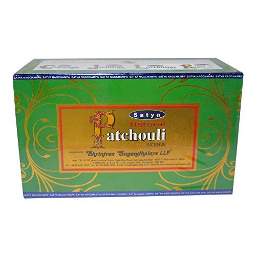 Product Cover Satya Natural Patchouli Agarbatti Pack of 12 Incense Sticks Boxes, 15gms Each, Traditionally Handrolled in India, Candles with Natural Scent for Prayers Meditation, Yoga, Relaxation Positivity Healing