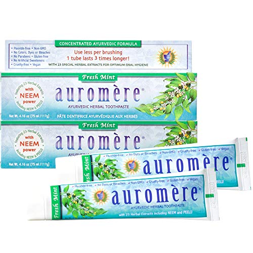 Product Cover Auromere Ayurvedic Herbal Toothpaste, Fresh Mint - Vegan, Natural, Non GMO, Flouride Free, Gluten Free, with Neem & Peelu (4.16 oz), 2 Pack