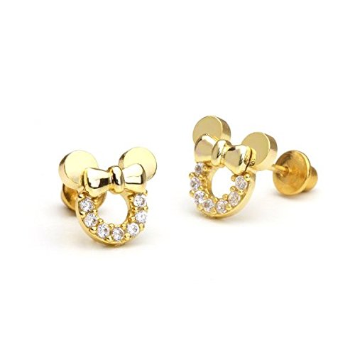 Product Cover 14k Gold Plated Minnie Mouse Children Screwback Earrings With 925 Silver Post Baby Toddler Kids & Children