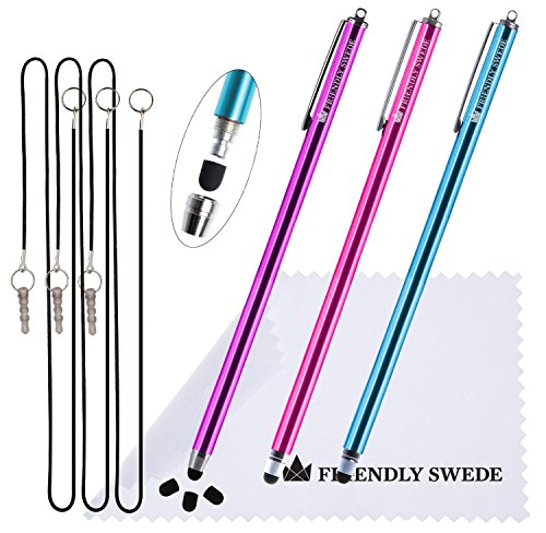 Product Cover Extra Long - Bundle of 3 Thin-Tip High Precision Universal Capacitive Stylus Pens 7.3'' + Extra 3 Replaceable Tips + 2 x 15'' Elastic Tether Lanyards + Cleaning Cloth (Hot Pink + Purple + Aqua Blue)