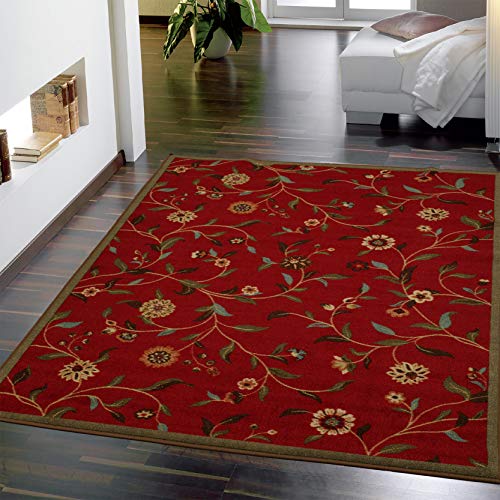Product Cover Ottomanson Ottohome Collection Floral Garden Design Modern Area Rug with Non-Skid (Non-Slip) Rubber Backing, Dark Red, 39