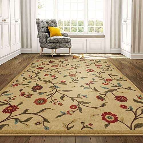Product Cover 5'0\ X 6'6\ , Beige Floral : Ottomanson Otto Home Floral Garden Design Modern Area Rug with Non-SkidRubber Backing, 60