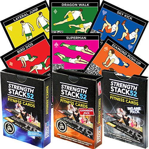 Product Cover Stack 52 Exercise Cards Tri Pack: Strength Bodyweight Workout Playing Card Game. Designed by a Military Fitness Expert. Video Instructions Included. No Equipment Needed. at Home Training Program.