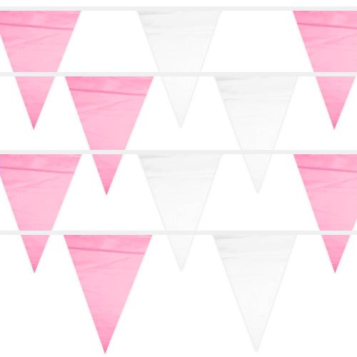 Product Cover 100 Foot Pennant Banner, 48 Pink and White Weatherproof Flags, Versatile Party Decor by Pudgy Pedro's Party Supplies
