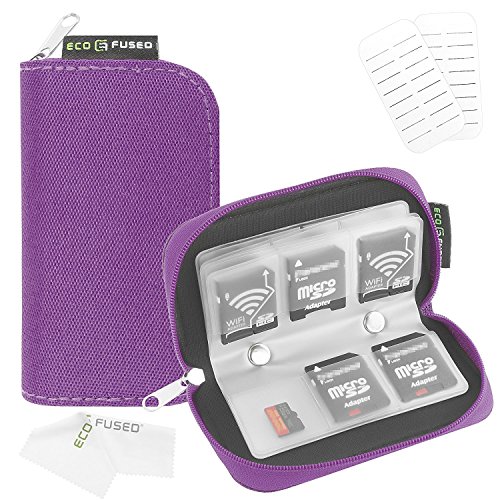 Product Cover Eco-Fused Memory Card Case - Fits up to 22x SD, SDHC, Micro SD, Mini SD and 4X CF - Holder with 22 Slots (8 Pages) - for Storage and Travel (Purple)