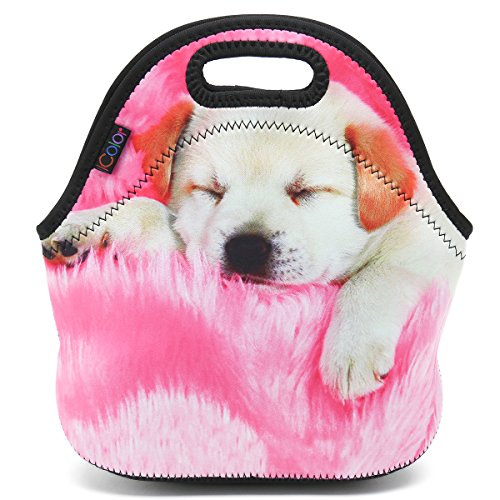 Product Cover ICOLOR Kids Pink Dog Soft Friendly Insulated Lunch box Food Bag Neoprene Gourmet Handbag lunchbox Cooler warm Pouch Tote bag For School work LB-005