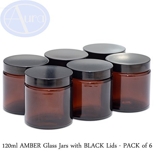 Product Cover PACK of 6 - 120ml AMBER GLASS Jars with BLACK Lids for Essential Oil / Aromatherapy Use