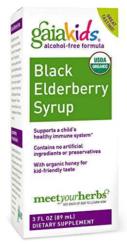 Product Cover Gaia Herbs, Gaia Kids Black Elderberry Syrup, Delicious Daily Immune Support with Antioxidants, Organic Sambucus Elderberry, 3 Ounce