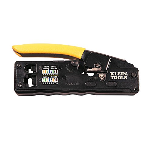 Product Cover Klein Tools VDV226-107 Compact Ratcheting Modular Crimper / Cutter / Stripper for RJ45, RJ11/12, CAT6, CAT5e, CAT3, Flat-Satin Voice Cables