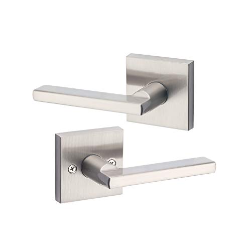 Product Cover Kwikset Satin Nickel 91540-001 Halifax Door Handle Lever with Modern Contemporary Slim Square Design for Home Hallway or Closet Passage