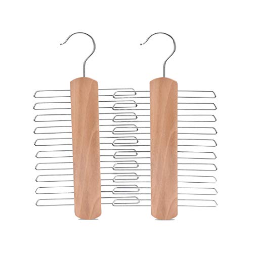Product Cover JS HANGER Multifunctional Accessories Hangers for Ties and Belts Natural Finish Wood Close End Teeth Anti-Slip Hold up to 20 pcs (2-Pack)