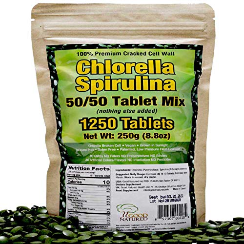 Product Cover Premium Chlorella Spirulina | 1,250 Tablets (4 Months Supply) | NON-GMO | Vegan | Sunlight Grown | Deep Green Color | Cracked Cell Wall | Alkalizing | High Protein with Iron and Zinc | by Good Natured
