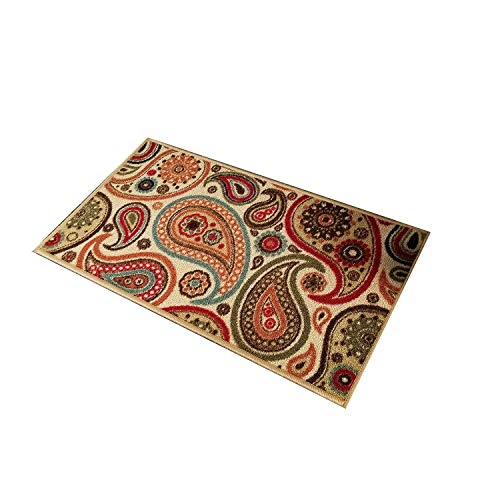 Product Cover Doormat 18x30 Ivory Paisley Kitchen Rugs and mats | Rubber Backed Non Skid Rug Living Room Bathroom Nursery Home Decor Under Door Entryway Floor Carpet Non Slip Washable | Made in Europe