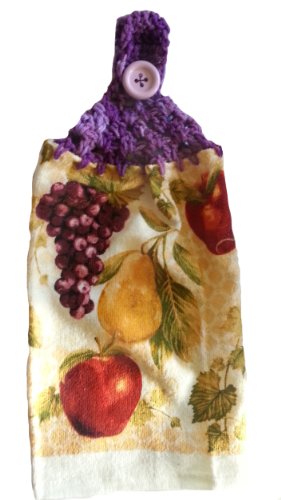 Product Cover Designs from the Heart Handcrafted Purple Tones Crochet Topped Fruit Theme Kitchen Towel