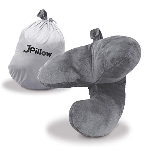 Product Cover J-Pillow Travel Pillow + Carry Bag, British Invention of The Year, 2019 Version with Increased 3D Support for Head, Chin & Neck in Any Sitting Position, Attaches to Luggage - (Grey)