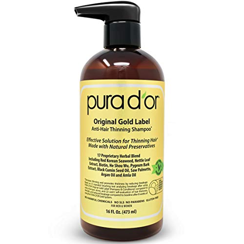 Product Cover PURA D'OR Original Gold Label Anti-Thinning Shampoo Clinically Tested, Infused with Argan Oil, Biotin & Natural Ingredients, Sulfate Free, All Hair Types, Men and Women, 16 Fl Oz (Packaging may vary)