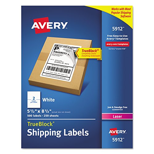 Product Cover Avery Shipping Address Labels, Laser Printers, 500 Labels, Half Sheet Labels, Permanent Adhesive, TrueBlock (5912) - 05912, White