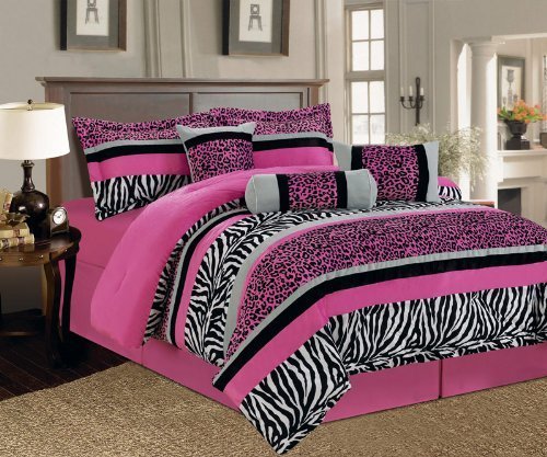 Product Cover 7 Pieces Hot Pink, Black and White Leopard Zebra Comforter (92